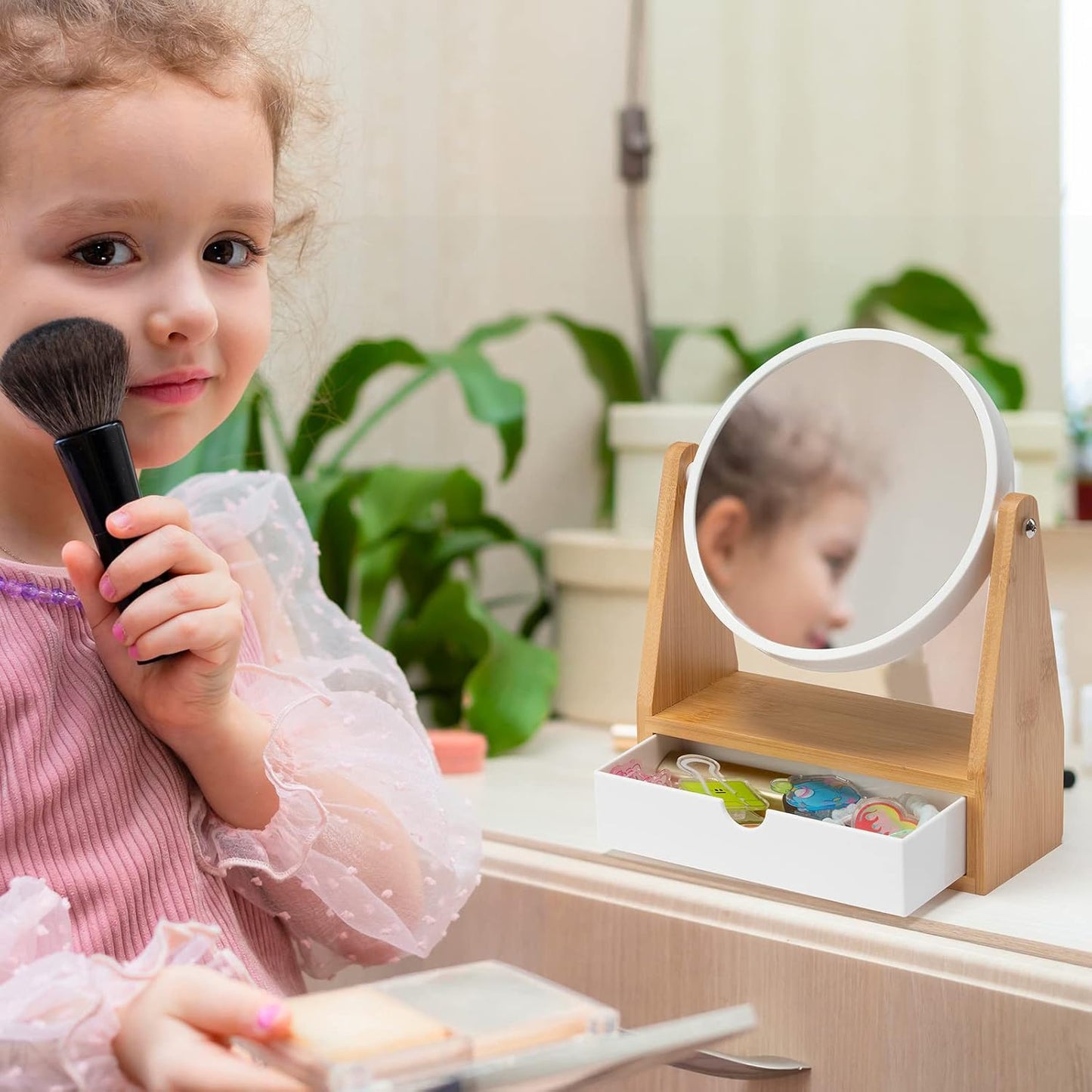 YEAKE Double-Sided Magnifying Vanity Makeup Mirror - 1X/3X with Bamboo Stand & Drawer | Portable Round Design
