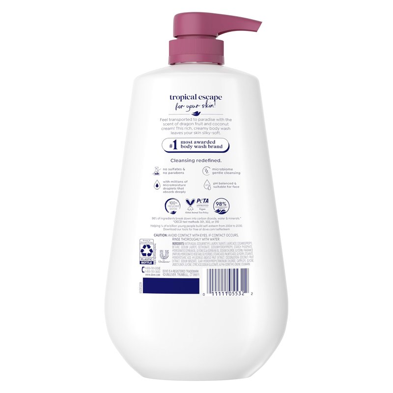 Dove Body Wash Replenish Dragon Fruit and Coconut Cream For 24hr Lotion-Soft Skin Moisturizing Skin Cleanser with No Sulfates No Parabens 30.6 oz