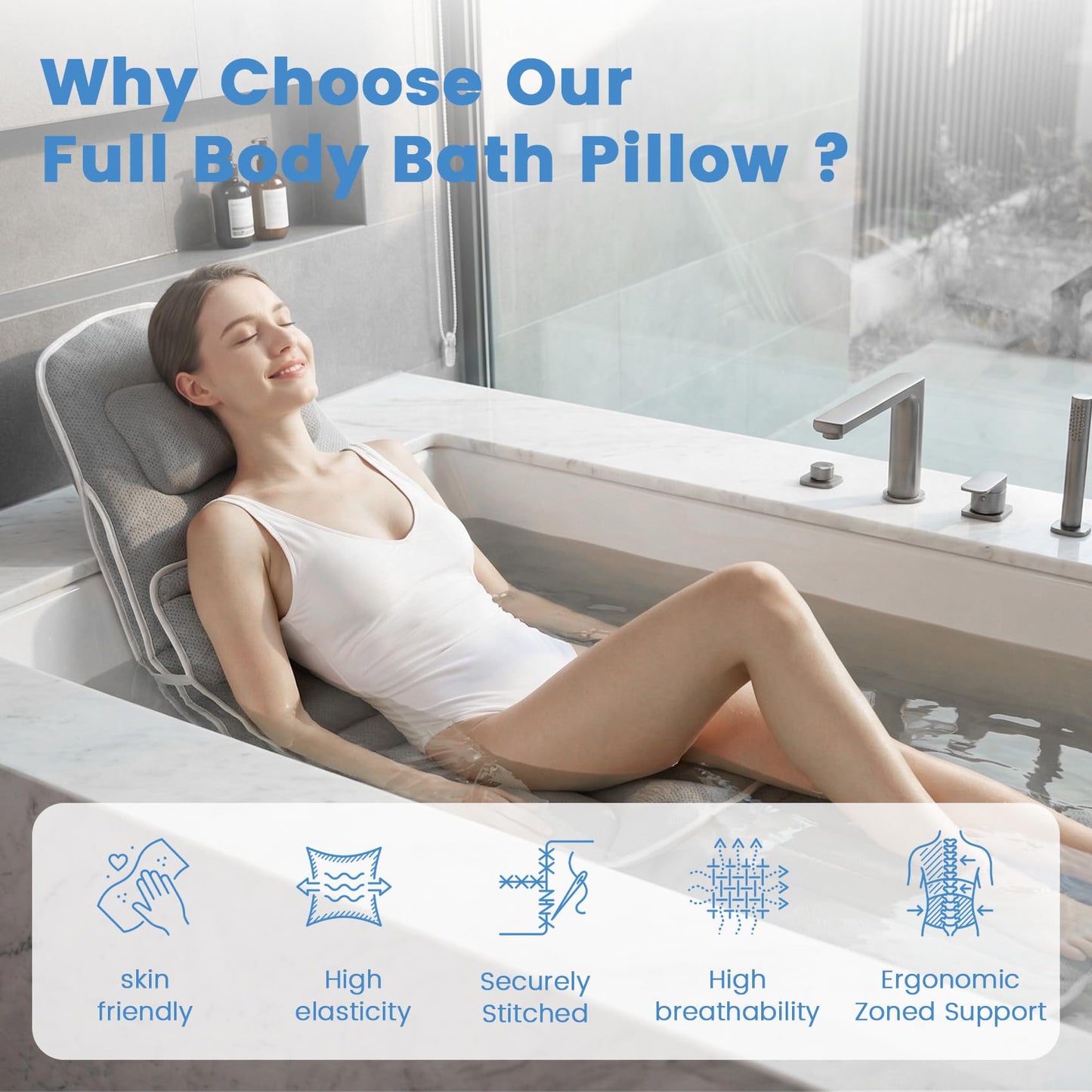 Upgraded Full Body Bathtub Pillow – 6D Air Mesh Bathtub Cushion with 168 Suction Cups for Neck, Back & Shoulder Support – Thick Quick-Dry Mesh Foam for Home Bathtub