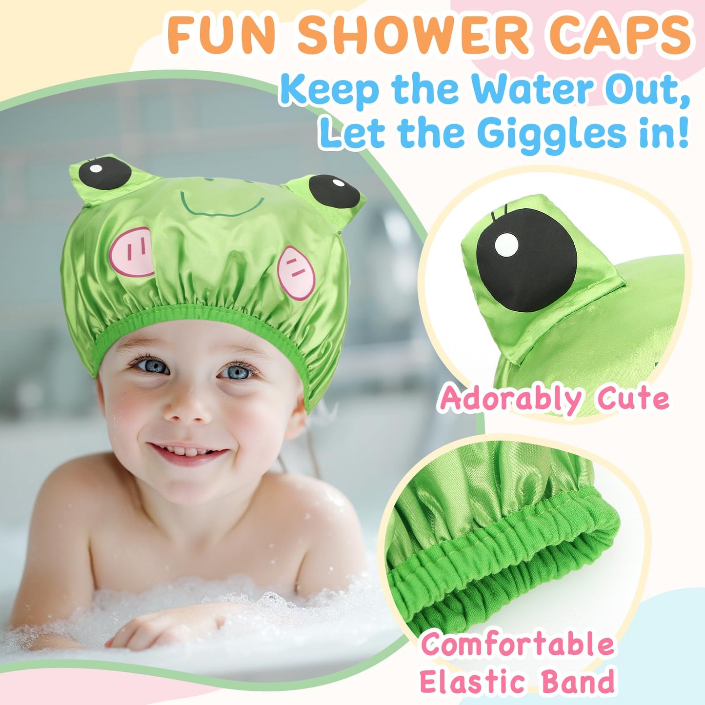 kilofly 3pc Fun Cute Animal Shower Caps for Kids Reusable Waterproof Bath Hat Set
