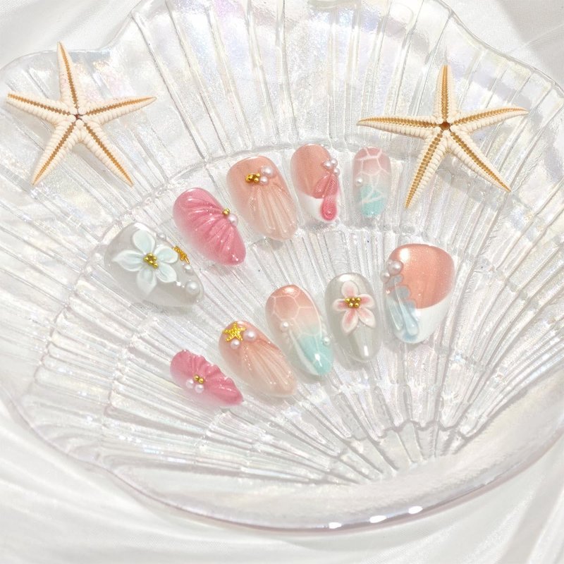 24Pcs Cute Summer Press on Nails Short Almond French Tip Fake Nails with 3D Starfish & Pearl, Glitter Ocean Acrylic Nails Pink Blue Gradient Glossy Reusable Stick On Nails for Women Beach Vacation