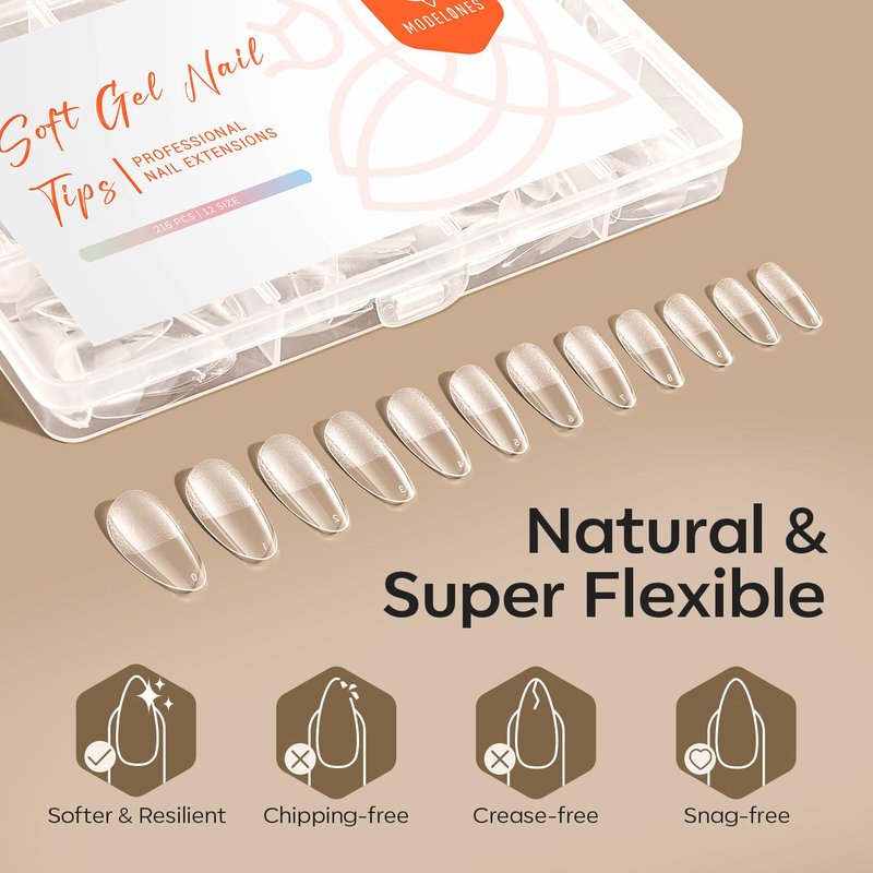 Modelones Medium Almond Nail Tips - Pre-Shaped Full Cover Fake Nails | 216PCS in Clear, 12 Sizes