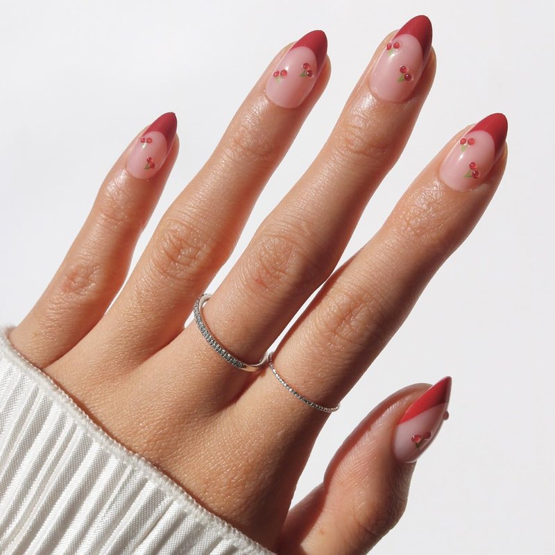 Glamnetic Press On Nails - Cherry Bomb | Glossy Red French Tips with 3D Cherry Accents | 30 Nail Kit in 15 Sizes