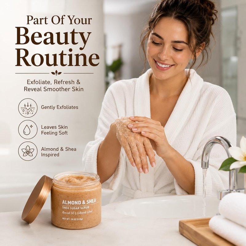Veloura Shea Sugar Body Scrub with Almond & Shea Butter – Exfoliating Sugar Scrub for Body, Moisturizing Body Exfoliator for Dry & Dull Skin, Smooth Radiant Glow – 18 oz