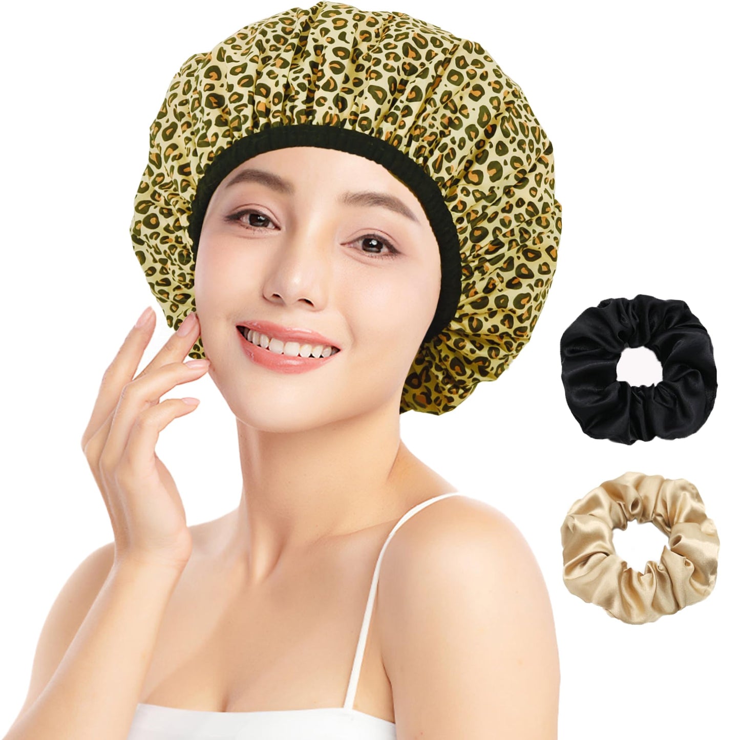 Shower Cap for Women, Shower Caps for Women Reusable Waterproof, Satin Lined Shower Cap, Hair Cap for Shower, Large Plastic Double Layers Bath Caps for Curly Hair Braids