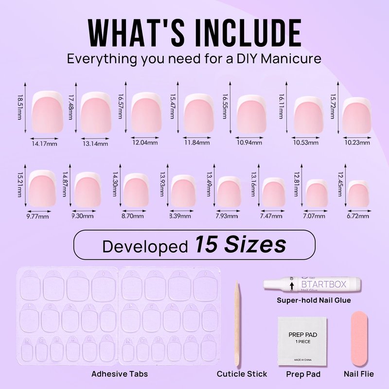 BTArtbox Press On Nails Short - Square French Tip Press On Nails, Fake Nail with Nail Glue, Natural Reusable Stick On Nails in 15 Sizes - 30 Fake Nails Kit, Silken Halo