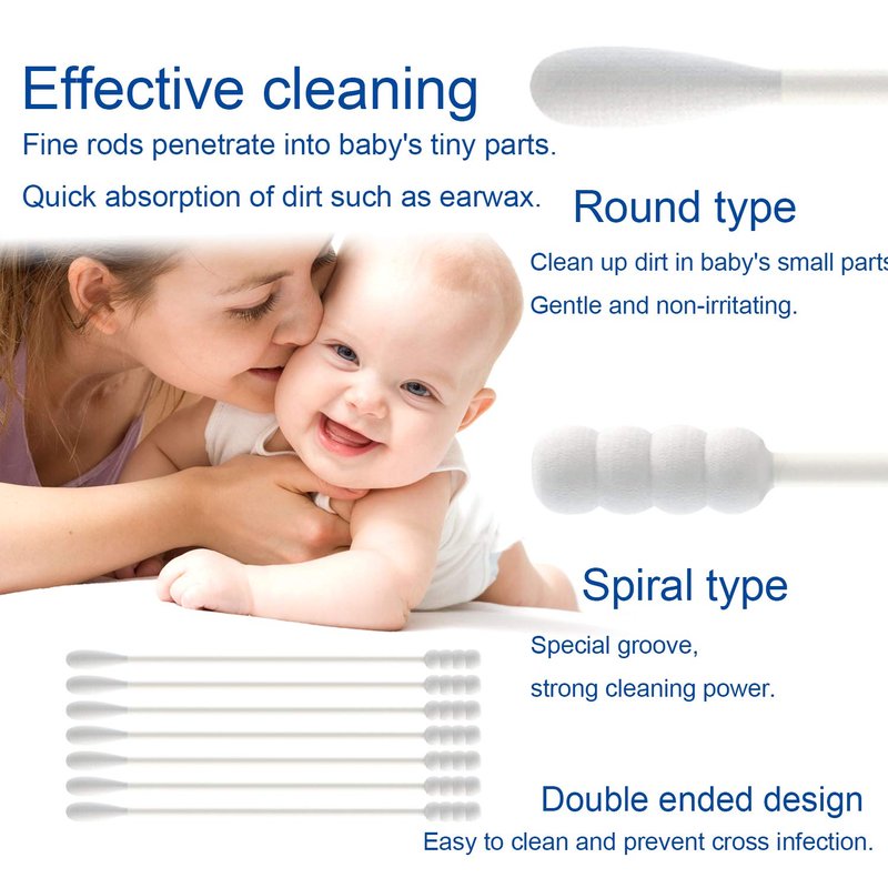 Skiennix Baby Cotton Swabs - Gentle Paper Sticks for Ear & Nose Cleaning | 200 Pcs (Spiral & Round)