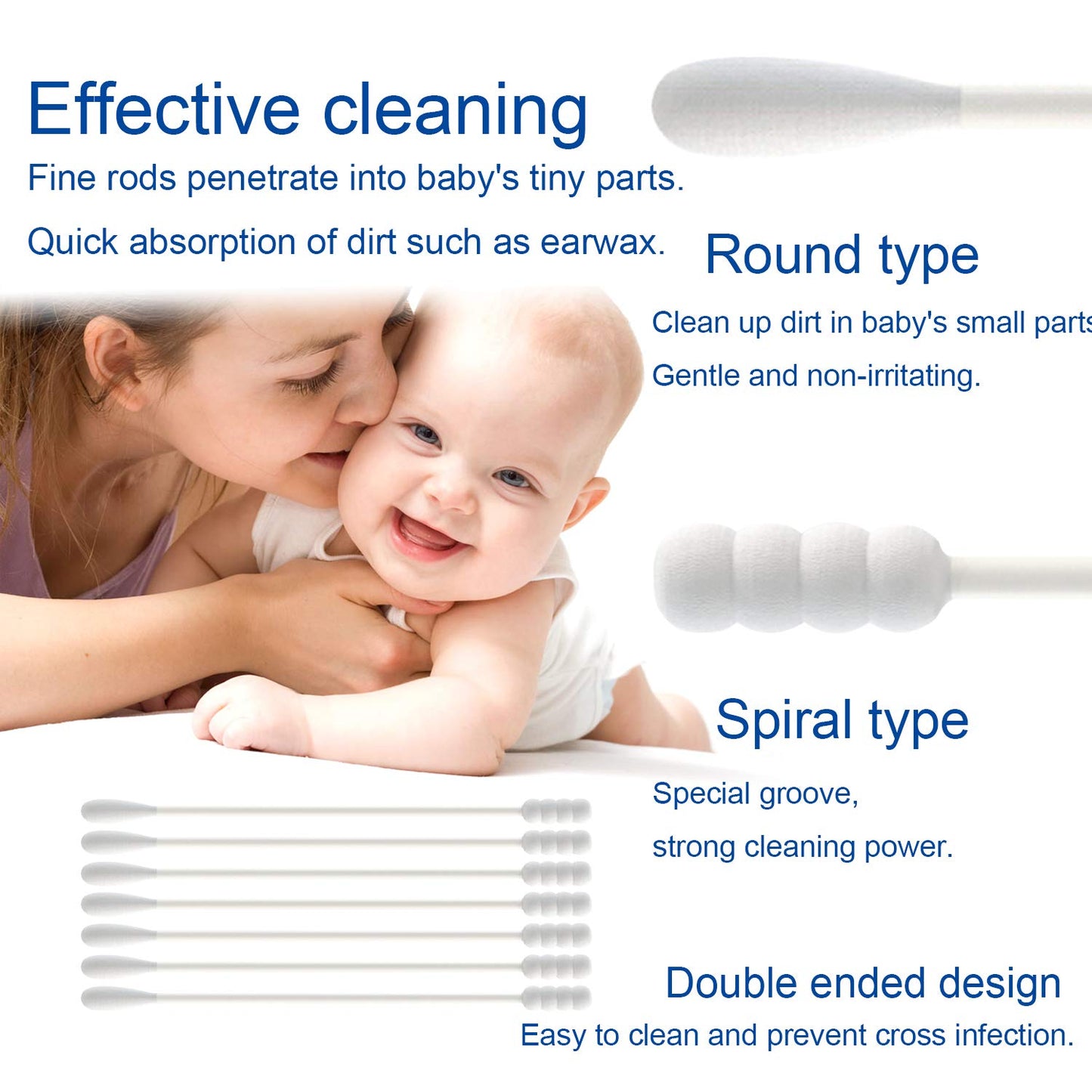 Baby Cotton Swabs, Paper Sticks Cotton Buds for Baby Ear Nose Clean-200Pcs(Spiral & Round)