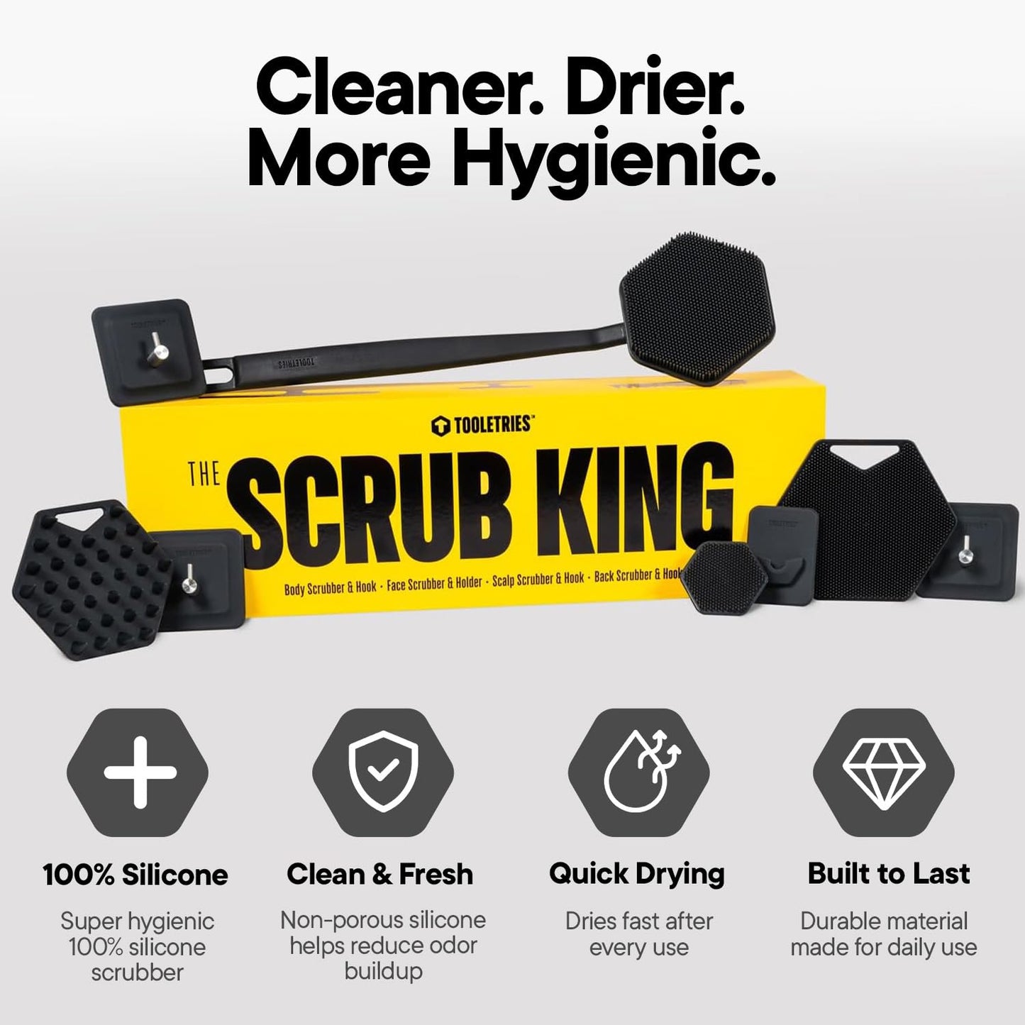 TOOLETRIES The Scrub King Complete Silicone Shower Set for Men Includes Back Brush, Body Cleaner, Face Scrubber, Scalp Massager with Adhesive Hooks and Holder, Full Body Bath Kit - Charcoal