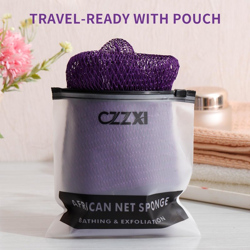 CZZXI African Net Sponge 3 Pieces, Authentic Exfoliating Body Scrubber for Back & All Skin Types, Bath Sponge for Face & Body with Gentle Deep Cleansing (Purple, Pink,Yellow)
