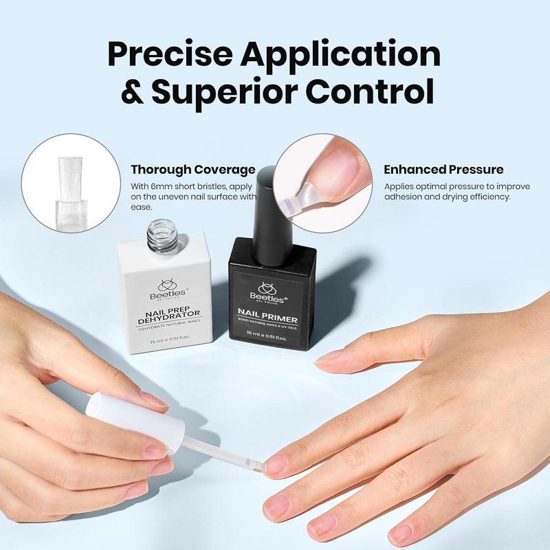 Beetles 4Pcs Top Coat and Base Coat Gel with Nail Dehydrator and Primer Set Acid-Free Hema-Free Nail Bond for Gel Polish Acrylic Nails, Long-Lasting for Professional Manicure Prep Kit