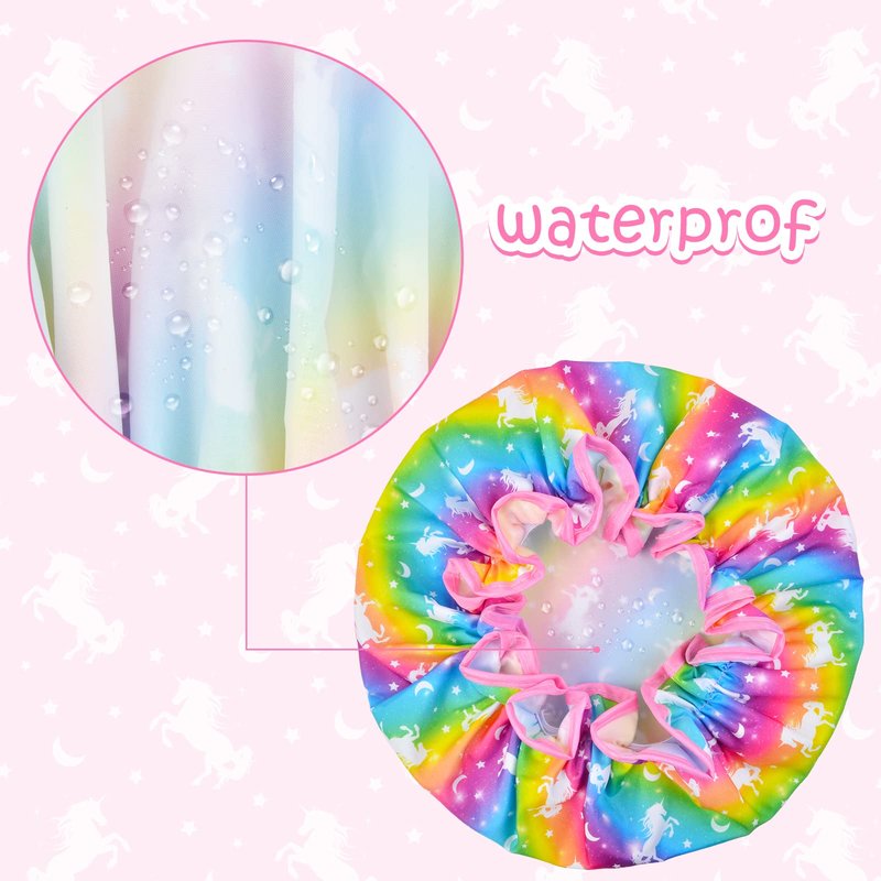 Olypegic Kids Shower Cap, 3 Pcs Girls Shower Cap for Kids Reusable Waterproof Adjustable Large Hair Cap Unicorn Mermaid Rainbow Cute Hair Cover Hat