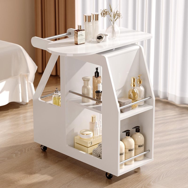 OmySalon Salon Trolley Cart, Esthetician Cart with Wheels, Side Table with 1 Drawer, 5 Open Shelf, Mobile Storage Cabinet Utility Trolley for Beauty Salon Spa, White
