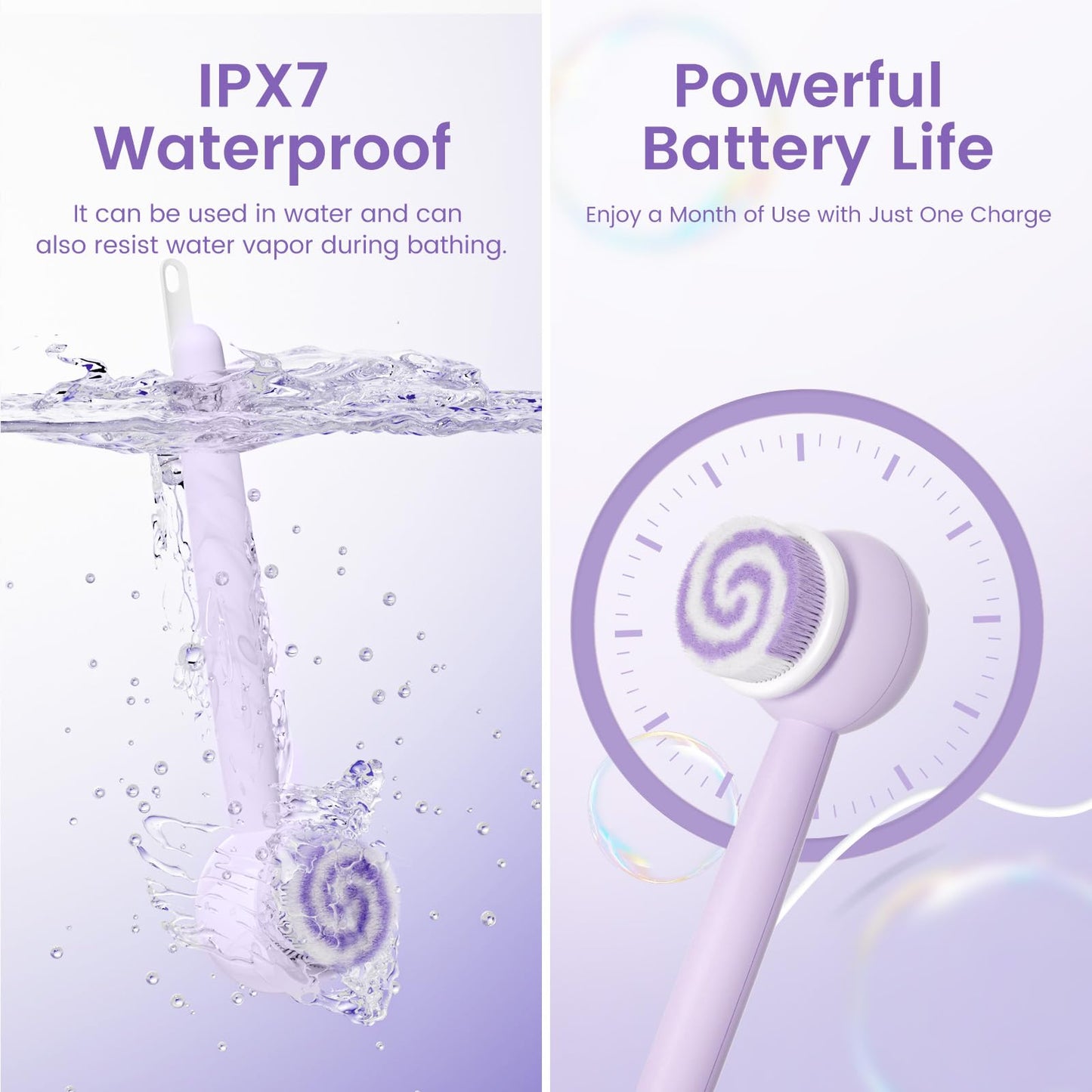 Oh,XIYU. Electric Back Scrubber for Shower Body Brush, Waterproof Shower Body Scrubber for Cleansing, Massaging, Rechargeable Bath Brush for Kids & Adults with 2 Heads & 3 Speed Modes, Taro Purple XY0