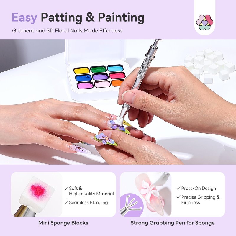 SAVILAND 3D Patting Gel Polish Kit: 9 Colors Pat Gel Polish Palette No-Wipe Blooming Gels Nail Polish 3D Nails Sculpting Gels with Flowers Shape Silicone Mold Sponges for Ombre Aura Nails Art DIY