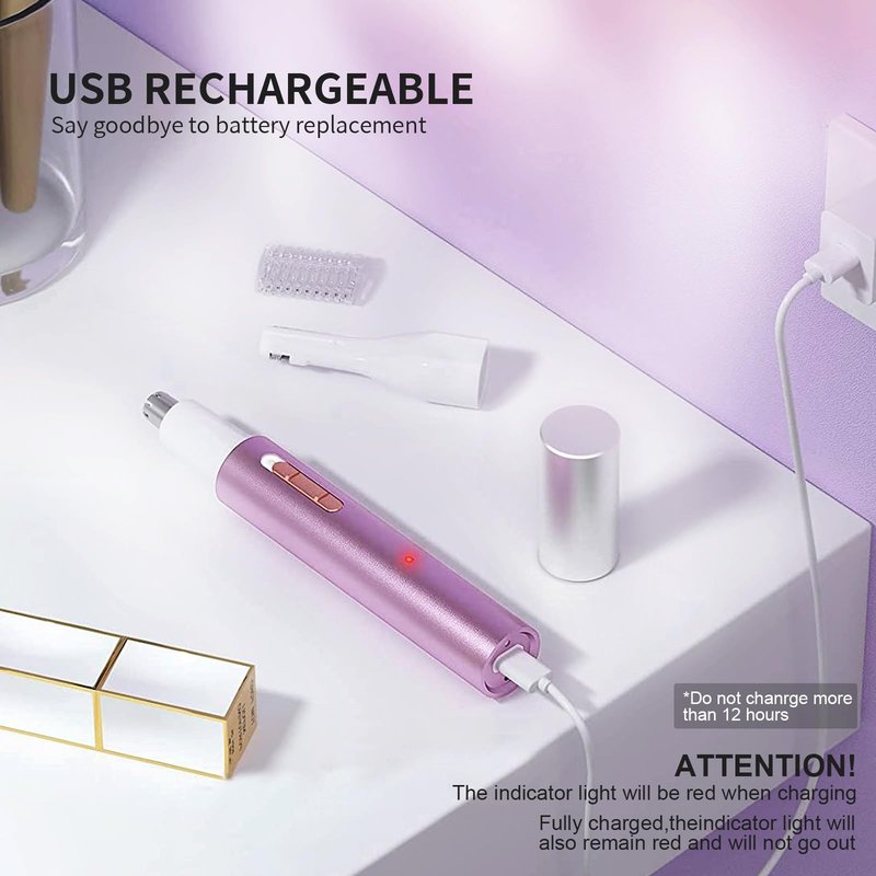 Ginity Ear and Nose Hair Trimmer for Women & Men, 2-in-1 Rechargeable Painless Facial & Eyebrow Hair Remover Tool, Electric Clipper with Dual-Edge Blades, Easy to Clean(Pink)