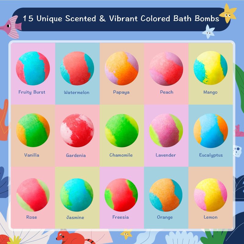 Sea Surprise Bath Bombs for Kids, 15 Pack Organic Fizzy Bath Bombs Gift Set with Hidden Ocean Toys, Gentle & Scented, Kid-Safe & Fun Bath Time, Ideal Christmas Gift & Stocking Stuffer for Kids