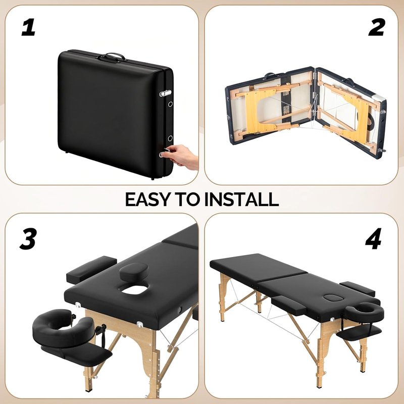OmySalon Massage Table Portable Massage Bed, 84" x 24" 2-Fold Salon SPA Tattoo Bed Lash Table Height Adjustable with Carrying Bag, Face Cradle & Wooden Frame, Black