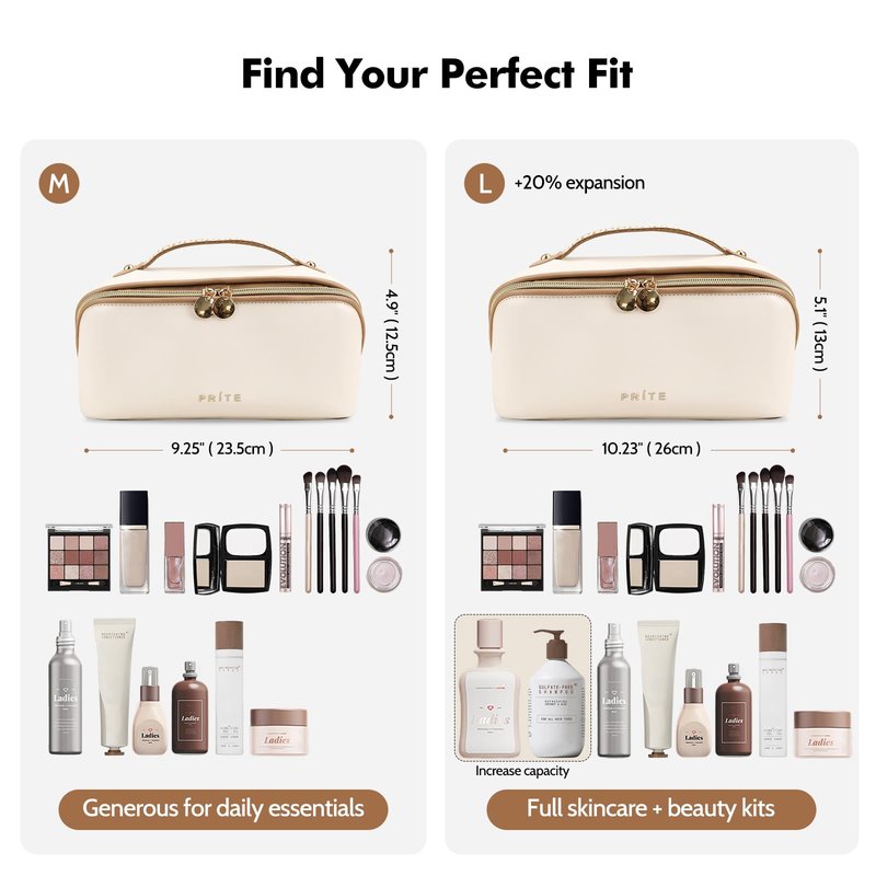 Prite Makeup Bag for Women Travel Waterproof Vegan Leather Cosmetic Bag Open Flat Toiletry Bag With Clear Divider and Handle (Beige, Medium)