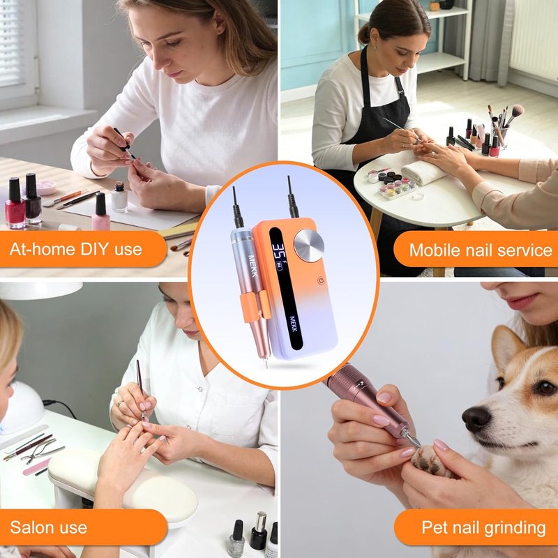Electric Nail Drill Kit - 35,000 RPM Professional Nail File with 12 Bits | Cordless E-Filer for Home & Salon (Orange Blue)