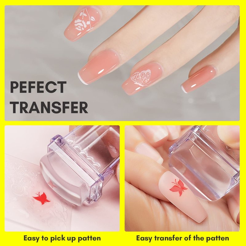 Makartt 12 PCS French Nail Art Stamper Kit,2 PCS Jelly Nail Stamper 4 PCS Silicone Replaceable Stamper Head and 6 Sheets French Manicure Edge Auxiliary Nail Guide Stickers For Gel Polish Design