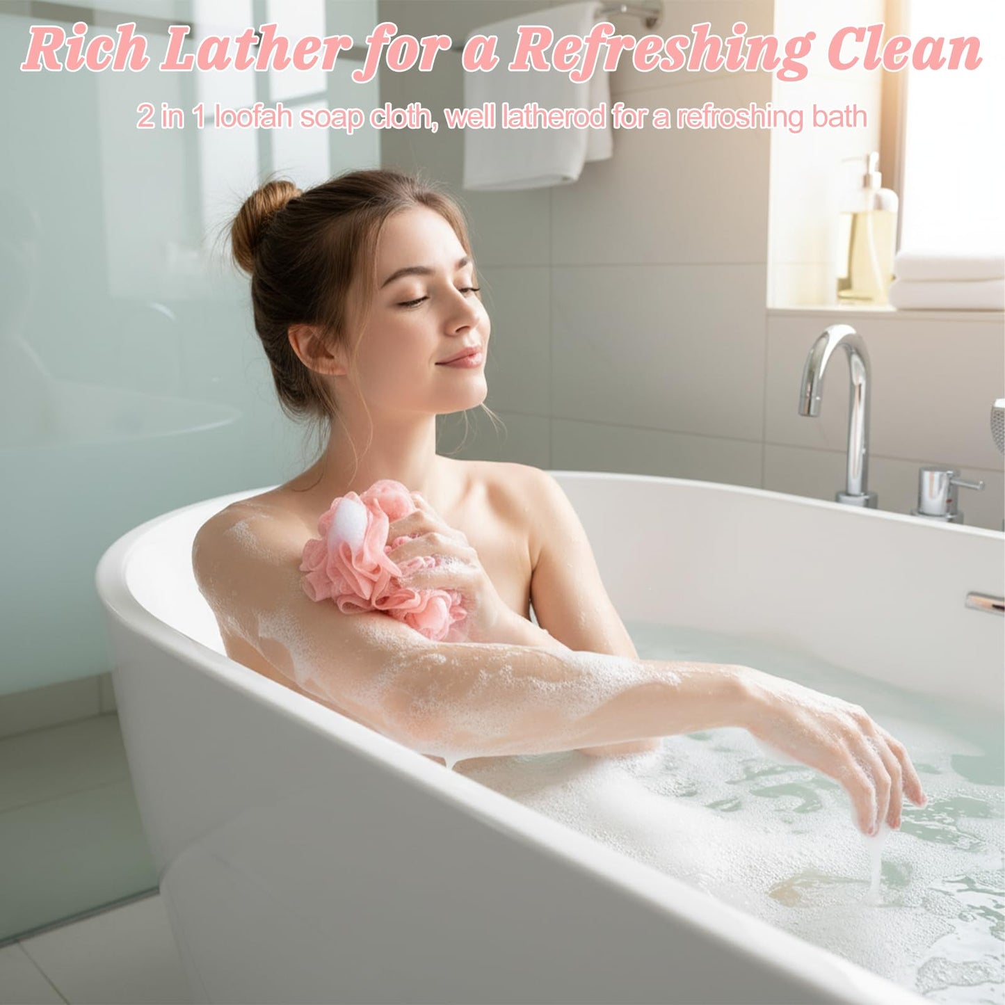 Qianyu 3 Pcs Loofah Soap Bar Loofah 2-in-1 Washcloth Combo Saver Pouch Reusable Exfoliating Shower Mesh Hold Drawstring Cleansing Puff Ball with Soap Pocket for Bathing Body Wash