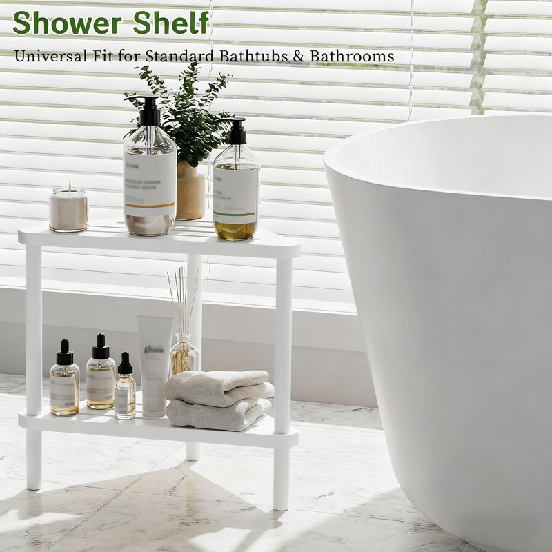 Bamboo Corner Shower Stool - Waterproof Shower Stool for Inside Shower, Shaving Legs & Small Spaces, 2-Tier Shower Foot Rest with Storage Shelf, Bath Seat & Corner Bench for Woman, Mom, Spa - White