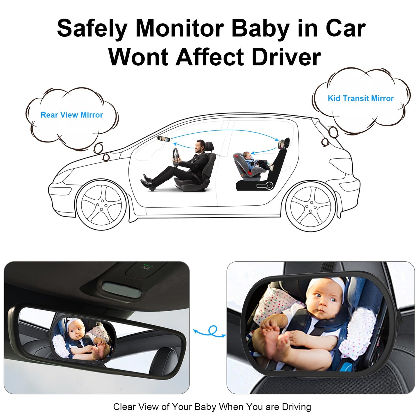 BOEYOS Baby Car Mirror, Safety Car Seat Mirror for Rear Facing Infant, Clear Wide View, 360°Rotation, Easily Observe the Baby Move, Secure, Shatterproof, Crash Tested and Certified (Black)
