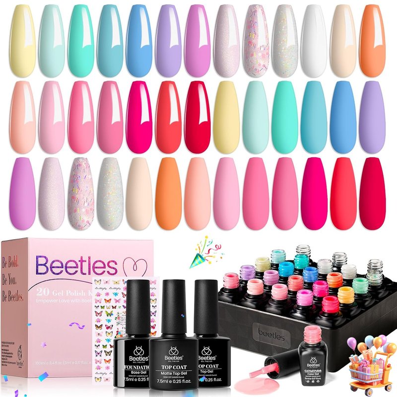 Beetles Gel Nail Polish Set, 20 Colors Pastel Pink Blue Purple Green Yellow Nude Summer Gel Nail Polish, UV LED Soak Off Gel Polish Kit DIY Manicure Gift for Women