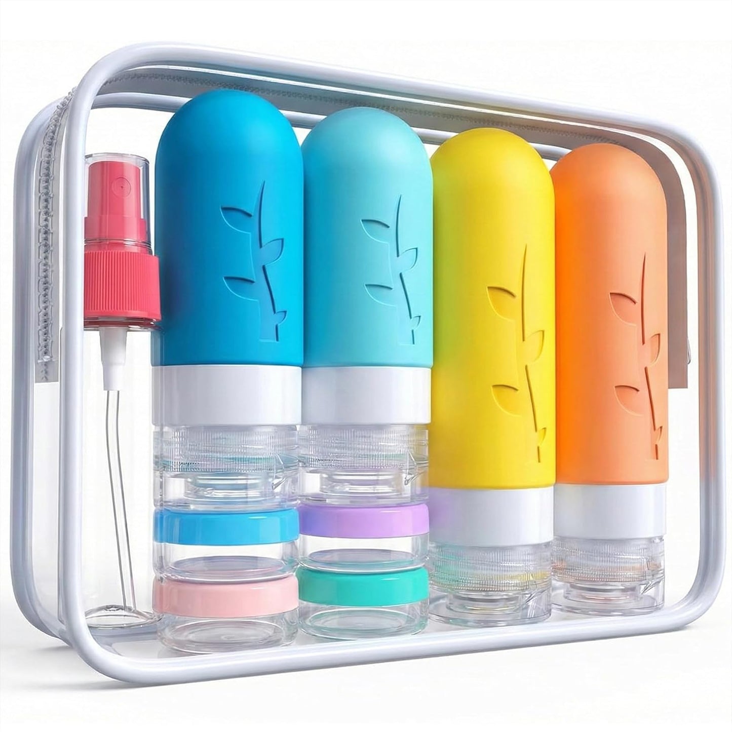 Travel Bottles Kit - TSA Approved Leak Proof Silicone Containers | 16 Pack with Jars, Sprayers & Bag (White)