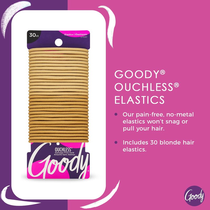 Goody Ouchless Hair Elastics - Tangle-Free Hold for Thick, Curly & Textured Hair - 30 Count, Blonde Ponytail Holders