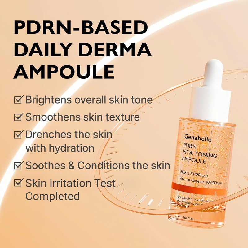 Genabelle PDRN Vita Toning Ampoule - Lightweight Glass Skin & Toning Ampoule with Vitamin B, C, E, PDRN, Serum for Blemishes, Glass Skin, Fine Lines and Rough Skin Texture, 1.01 fl oz