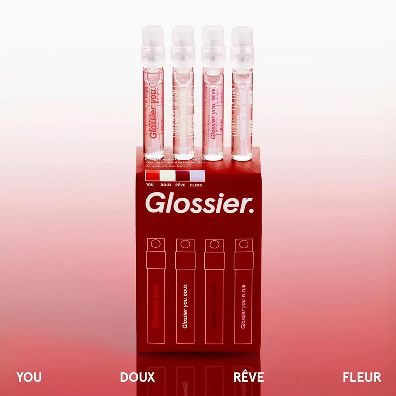 Glossier You Mini Wardrobe Fragrance Set - 4 Unisex Travel Size Eau de Parfum for Women & Men - Skin-Scent Enhancer Perfume Sampler, Smells Different on Everyone - You, Fleur, Doux, Rêve - 1.5ml Each