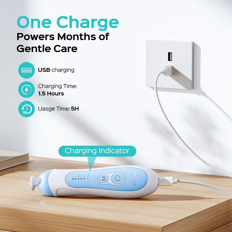 COSLUS C52 Rechargeable Baby Nail File: Cordless Baby Nail Trimmer Electric, Baby Nail Clipper with 5 Speeds & 6 Grinding Heads for Baby Kid, CPC Certified & Quiet Design - Safe for Sleep Trim, Blue