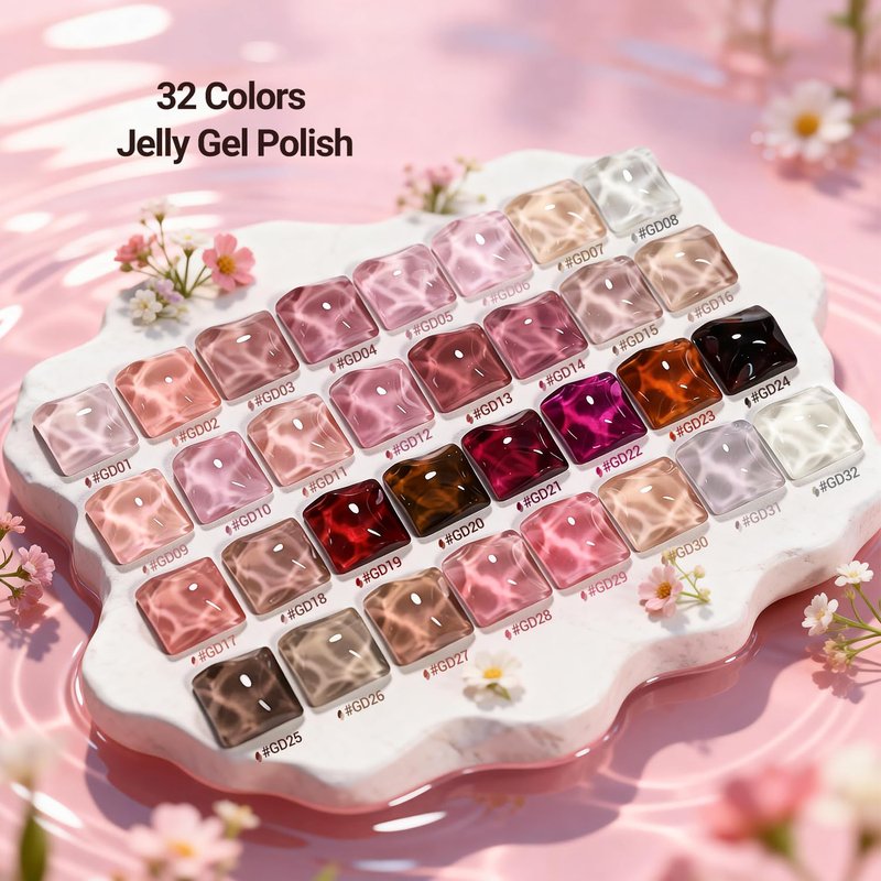 JODSONE Jelly Gel Nail Polish Set, 32 Colors Sheer Pink Gel Polish Set with Base & Top Matte Glitter Coat for Nail Art DIY Salon at Home