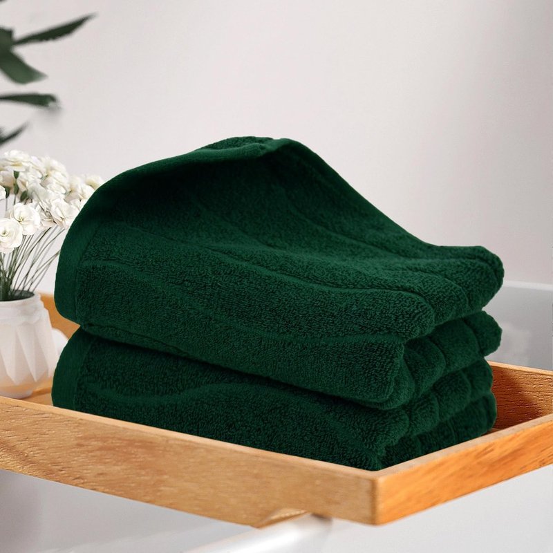 Jacquotha 2-Piece Hand Towels Set in Forest Green, Wavy Striped Jacquard Towels for Bathroom Kitchen (13x29 Inches, 100% Cotton)