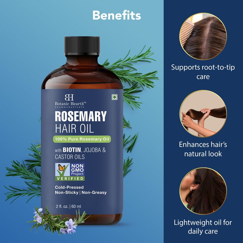 Botanic Hearth 100% Pure Rosemary Oil For Hair Growth | Infused With Biotin, Jojoba & Castor Oil | Hair Oil Repairs Dry Damaged Hair, Strengthening, Healthier - Hair Tonic, 2.0 fl oz