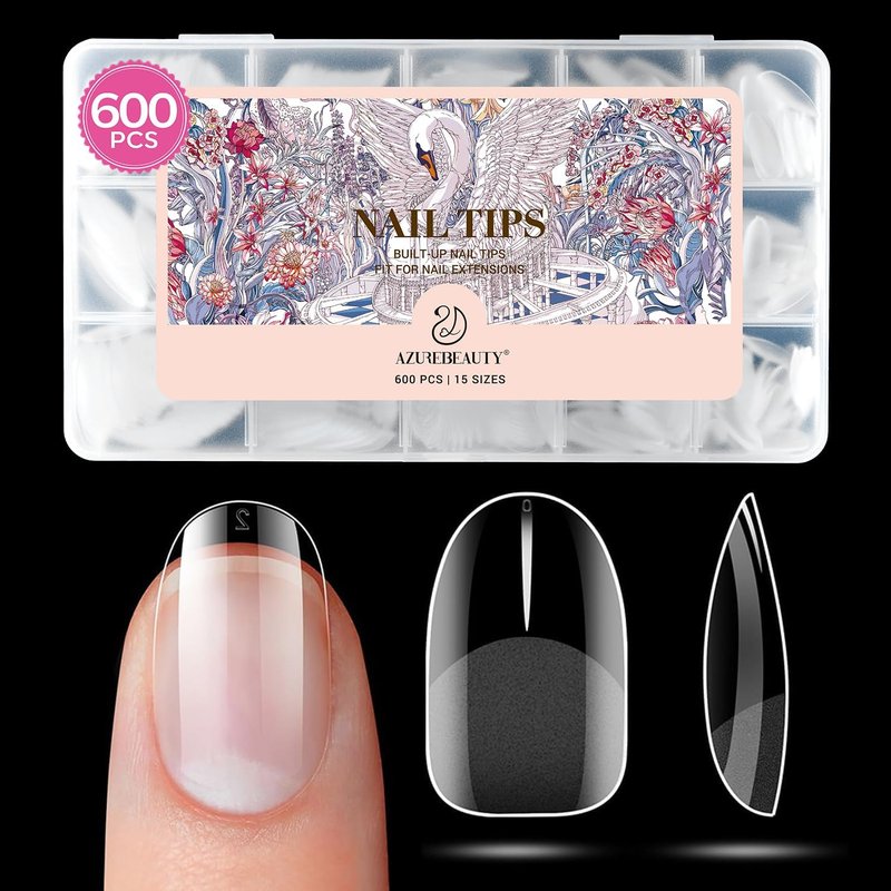 AZUREBEAUTY Extra Short Oval Round Nail Tips, 600pcs Soft Gel Nail Tips Acrylic Fake Nails Pre-shaped Half Matte Full Cover Clear Press On False Nail Extensions for DIY Manicure at Home 15Sizes