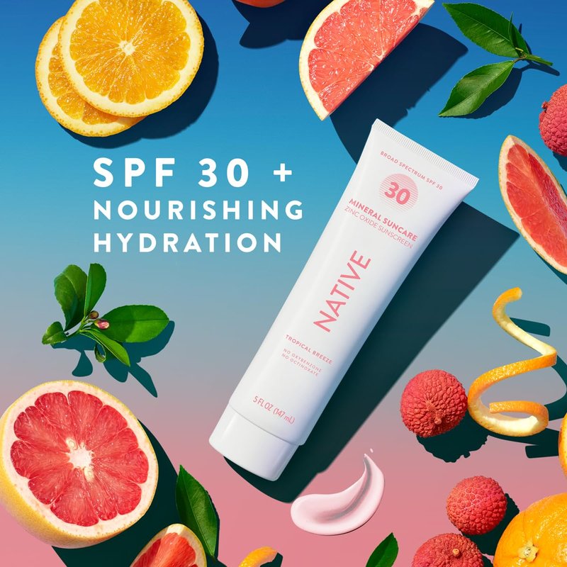 Native Sunscreen SPF 30, Zinc Oxide Dermatologist Tested Suitable for Sensitive Skin & Hawaii Compliant, 5 Ounces | Tropical Breeze Scent Sun Protection Lotion, Lightweight & Smooth