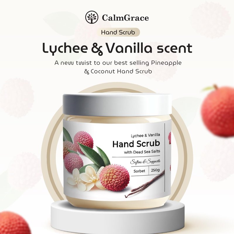 CalmGrace Exfoliating Hand Scrub with Dead Sea Salts, Lychee & Vanilla Scent | Hand Scrub Exfoliator in Sorbet Texture, Body Care Moisturizer | Fortified with Aloe Vera, Coconut Oil, Vitamin C