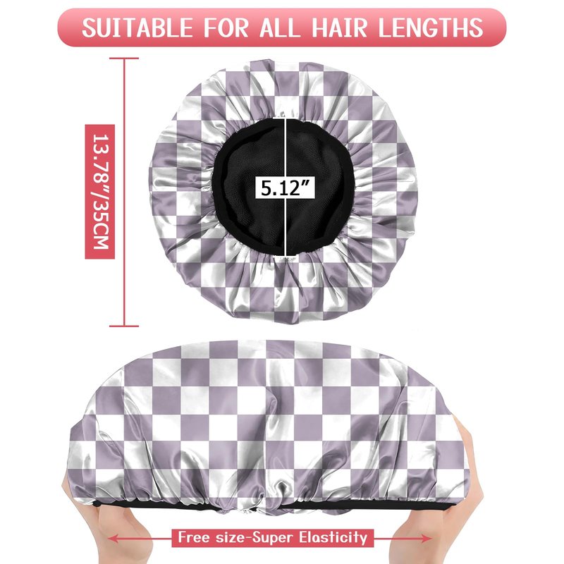 Deokke Luxury Shower Cap Terry Lined Elastic Triple Layer Waterproof Reusable Dry Hair Bathing Caps Aesthetic Cute for Women Girls-Purple Checkered