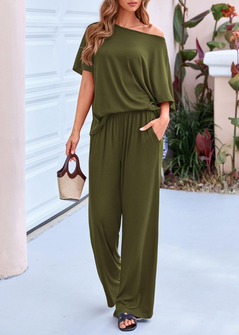 KIRUNDO Lounge Sets for Women Airport Travel Outfit 2026 Summer Off the Shoulder Tops Wide Leg Pants 2 Piece Matching Set