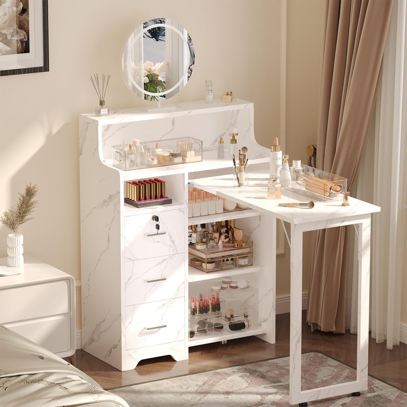 DUDUSHIMAN Foldable Nail Desk for Nail Tech, L Shape Manicure Table with Cabinet Drawer & Built-in Charging Station, Portable Nail Table for Beauty Salon Workstation (Marble)