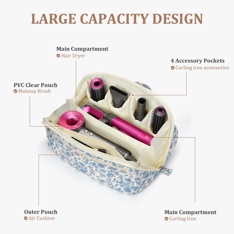 Cohawk Quilted Hair Tools Travel Bag Floral Travel Case Compatible with Dyson Airwrap Wide-open Cute Hair Dryer Bag for Shark Flexstyle