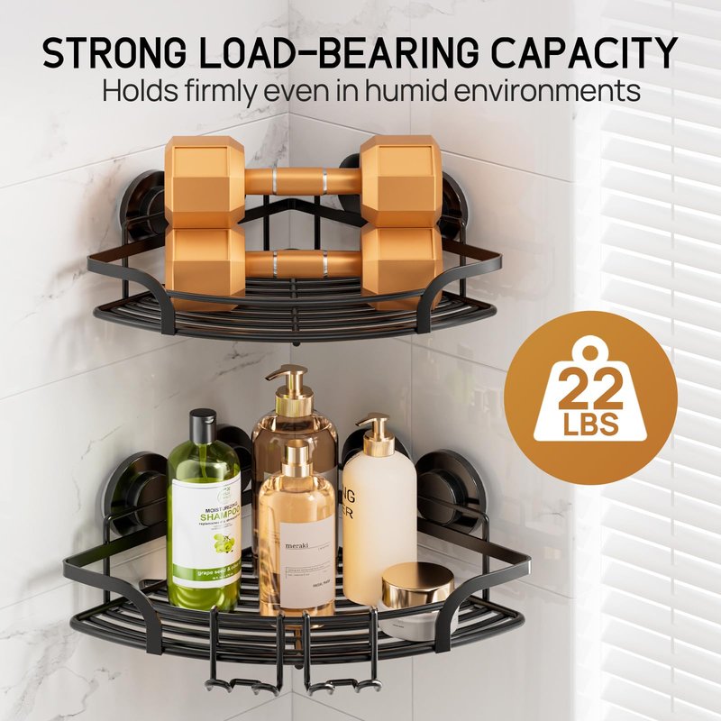 LEVERLOC 2 Pack Corner-adaptive Suction Cup Shower Caddies, Drill-Free Wall Mounted Basket, Stainless Steel Rustproof Corner Shower Shelf, Large Capacity Removable Suction Bathroom Organizer, Black
