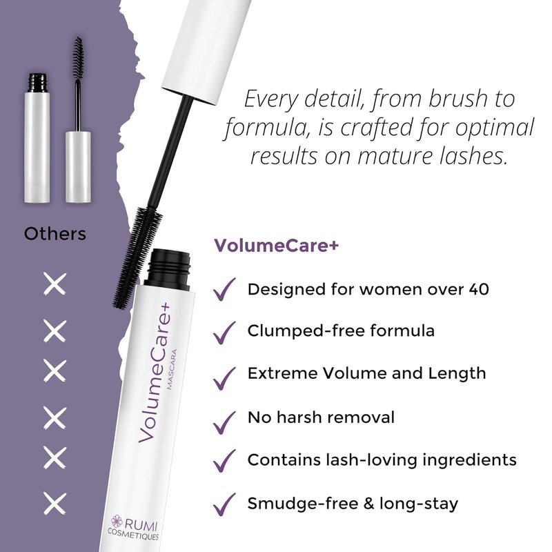 Rumi Cosmetiques VolumeCare+ Mascara - Extreme Length & Volume 2-in-1 Formula | Hypoallergenic, No Clumps, Natural Black