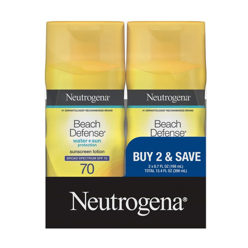 Neutrogena Sunscreen Lotion Beach Defense SPF 70, Face and Body Sunscreen, Hawaii Reef Act 104 Compliant, Octinoxate & Oxybenzone Free, Oil Free, Fast Absorbing Sun Care, 6.7 fl oz, Twin Pack