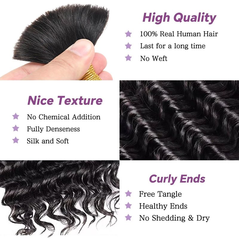 Afihond Human Braiding Hair for Boho Braids 120g Deep Water Wave Bulk Human Hair for Braiding No Weft 12A Wet and Wavy Curly Human Hair Extensions 3 Bundles/Pack Natural Color 18 Inch