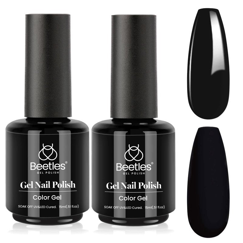 Beetles Black Gel Polish 2Pcs 0.51Fl.OZ Pure Black Gel Nail Polish Set 15ml Dark Base Color Soak Off Uv Nail Lamp Art Manicure DIY Design Gift for Women Long Nights Collection