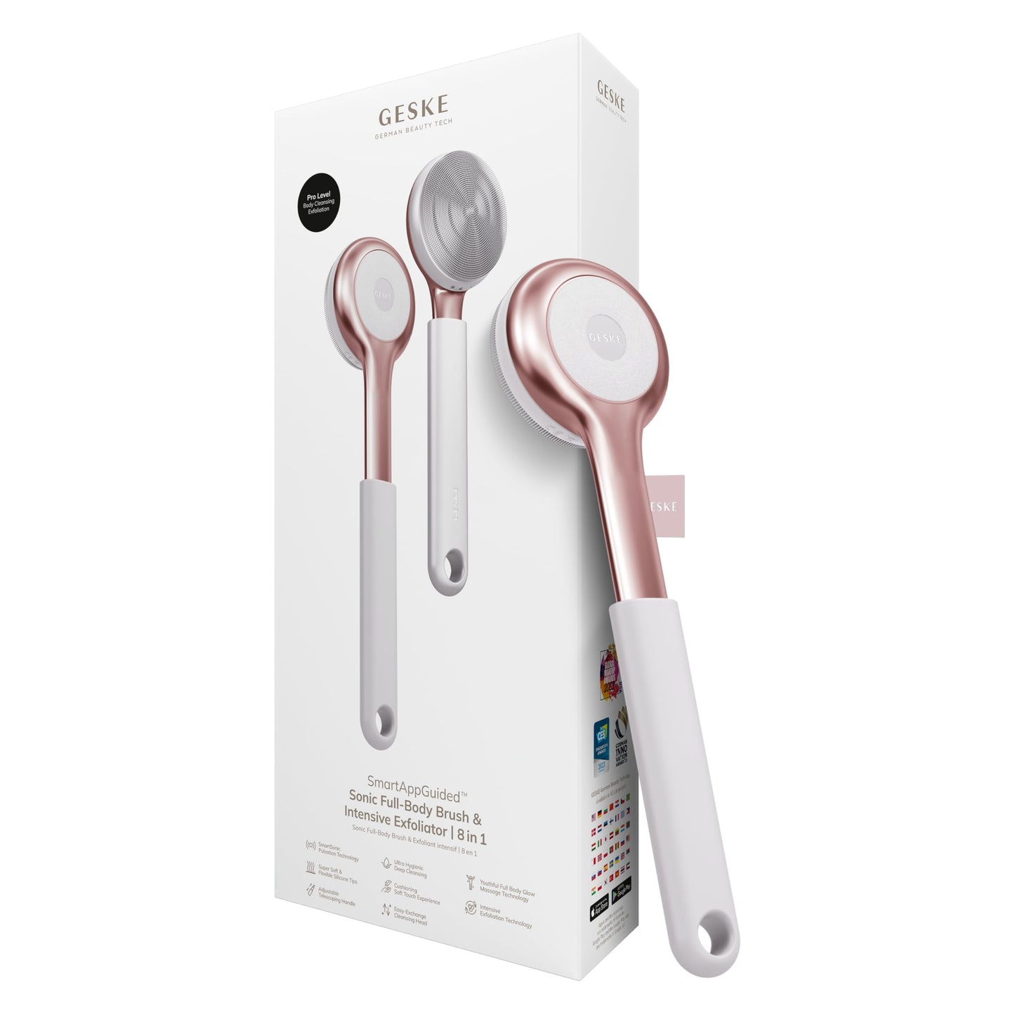 GESKE Sonic Full-Body Brush & Intensive Exfoliator | 8 in 1 | Electric Body Cleansing Brush | With SmartSonic Pulsations | Deep Cleansing, Exfoliation, Massage | Extendable Handle | Rough Skin Remover